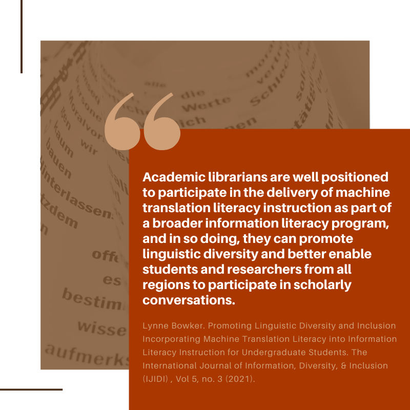 IJIDI1's tweet image. Bowker explores promoting linguistic diversity &amp;amp; inclusion incorporating machine translation literacy into #ILinstruction for undergrads DOI: doi.org/10.33137/ijidi…
#inclusion #LinguisticDiversity #MachineTranslation #MachineTranslationLiteracy #AcademicLibrarians