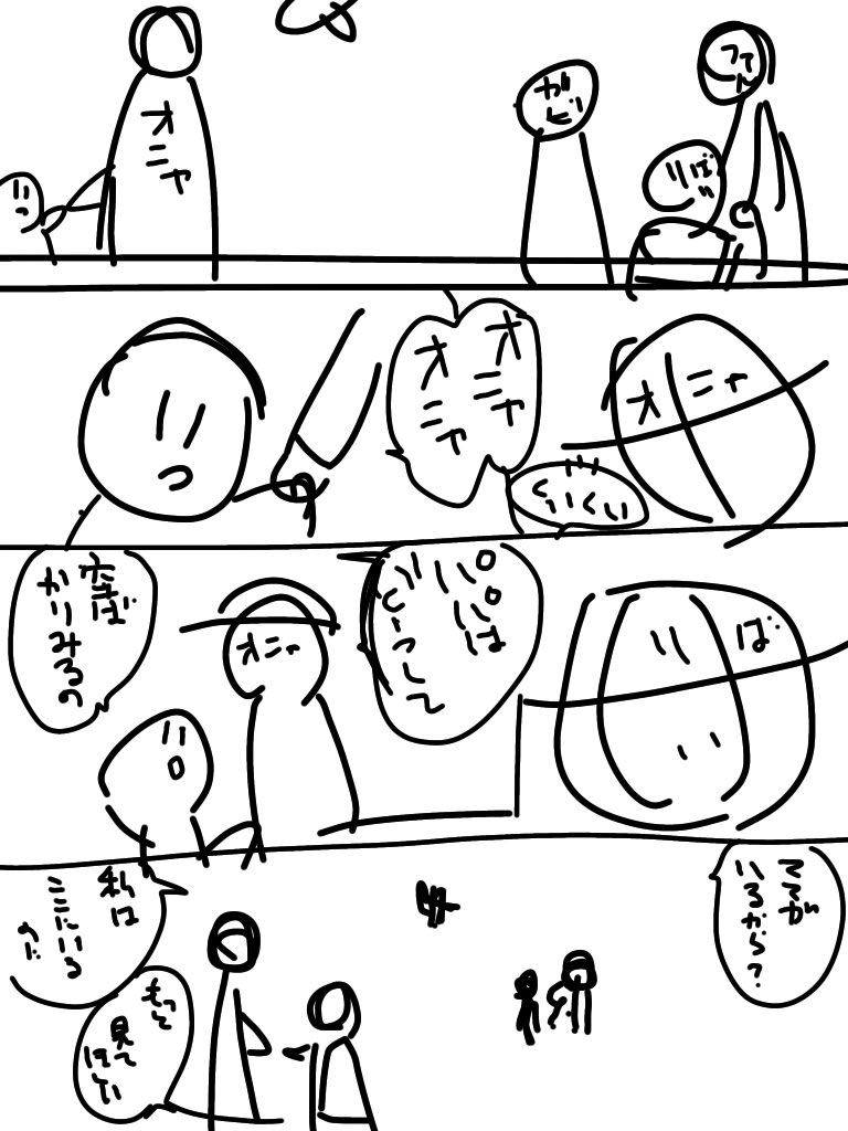 #ボツった絵晒して反省会
最終回のへちょ最後のシーンでオニャとリハの子が手繋いでて、今もリが見ているのはハと仲間たちで見ていて欲しいのはハだけなのかなって悩む子の話を描きたかった…この子が、ハとの未来がここにあるって立ち上がるへちょの話を(長くなりそうでと悲しくなり断念した 