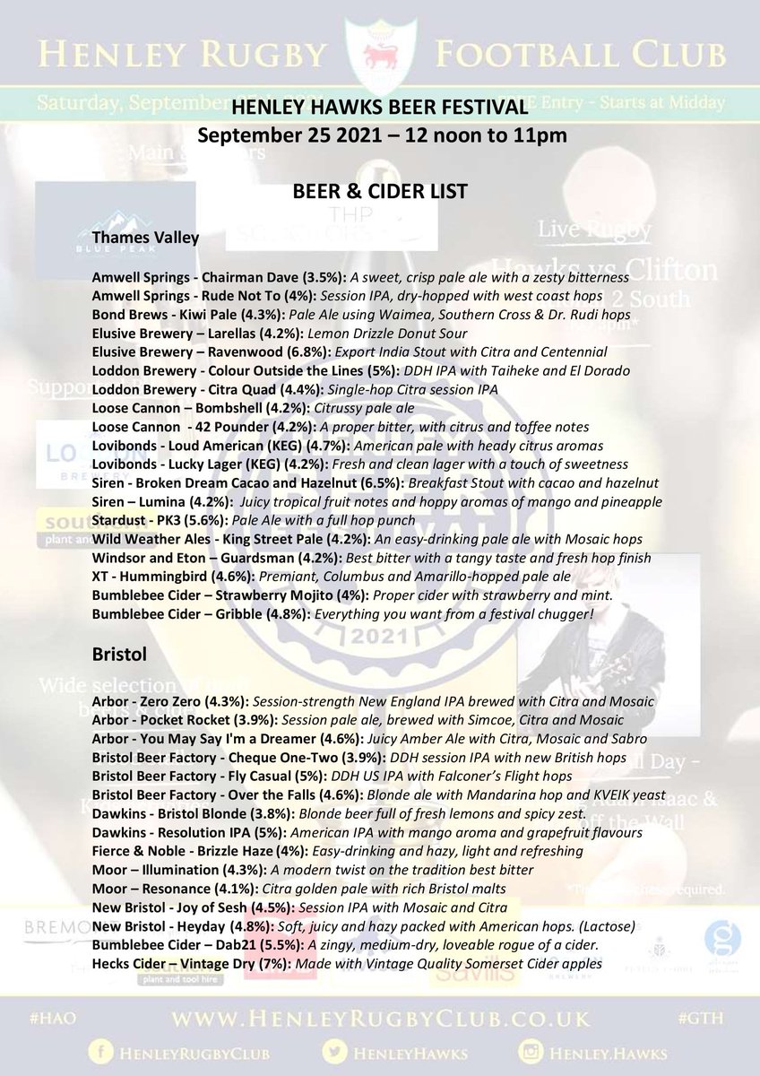 Loddon Brewery (@loddonbrewery) on Twitter photo It's the <a href="/HenleyHawks/">Henley Hawks Rugby</a> Beer Festival this Saturday - and what a line-up of beers on offer!
As the Hawks are playing <a href="/cliftonrugby/">Clifton Rugby</a> we've decided to pit the best brews in the Thames Valley against the best from Bristol!
Entry is FREE and it promises to be a cracking day ππ
π It's the <a href="/HenleyHawks/">Henley Hawks Rugby</a> Beer Festival this Saturday - and what a line-up of beers on offer!
As the Hawks are playing <a href="/cliftonrugby/">Clifton Rugby</a> we've decided to pit the best brews in the Thames Valley against the best from Bristol!
Entry is FREE and it promises to be a cracking day ππ
π