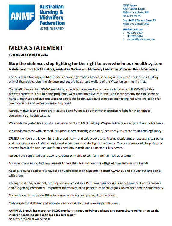 If you missed it, Victoria's nurses and midwives are exhausted and frustrated "as they watch protesters fight for their right to overwhelm our health system". Full statement on behalf of 95,000 members: