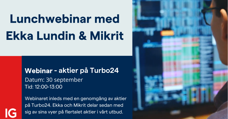 IGSverige's tweet photo. Vi har precis lanserat aktier på Turbo24. För att fira vill vi bjuda in till lunchwebinar med två välkända traders, @ekkalundin och @mikrit.