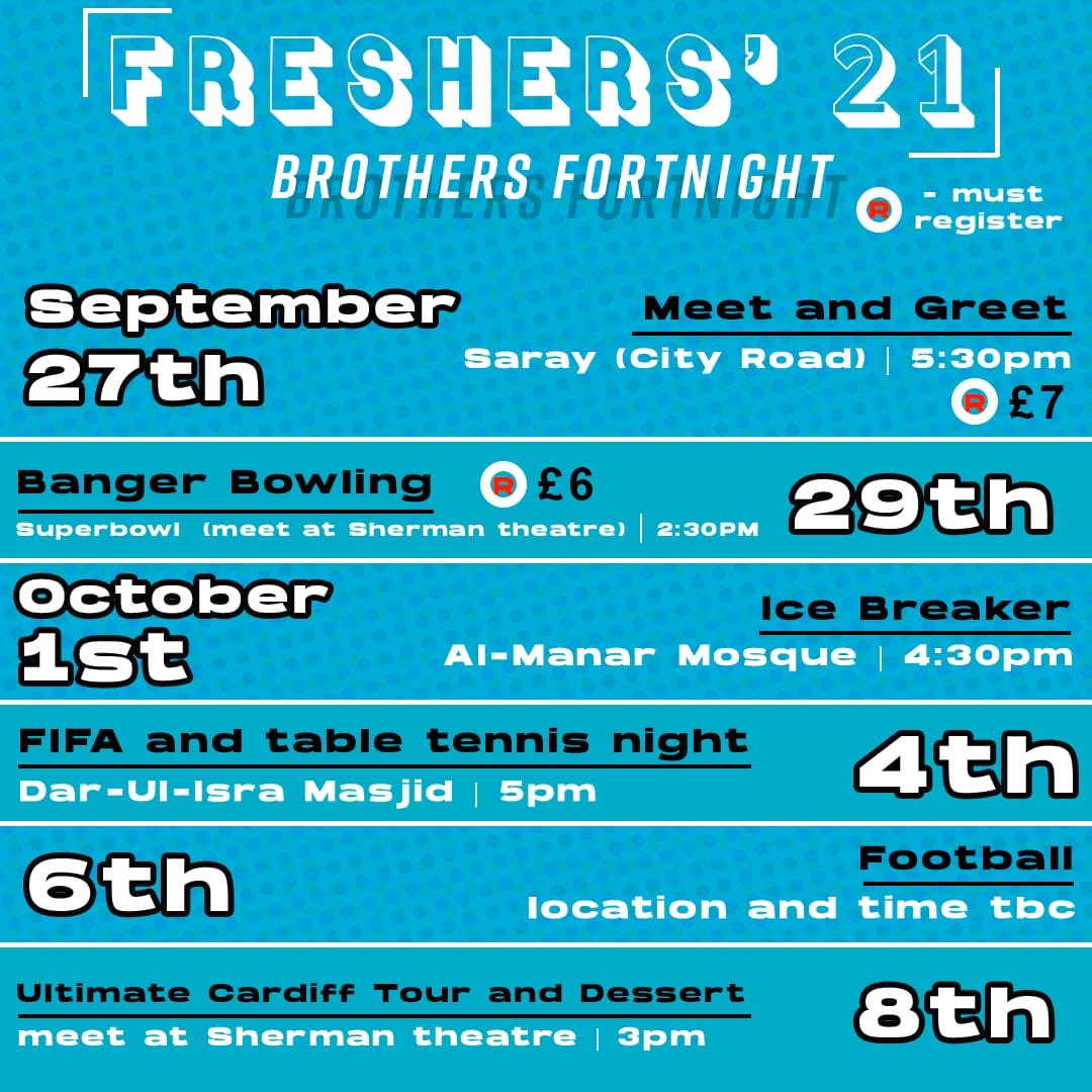 CardiffUniISoc's tweet photo. 🎉Cardiff University ISoc Freshers’ Fortnight!🎉 

Please register and pay using the Student Union’s website in order to attend both the Meet and Greet Dinner 🍴and Banger Bowling 🎳 

https://t.co/ypdsTJgkxQ

For more information contact Head Brother Muhammad: 07443 521195 https://t.co/EWqTVqDLk9