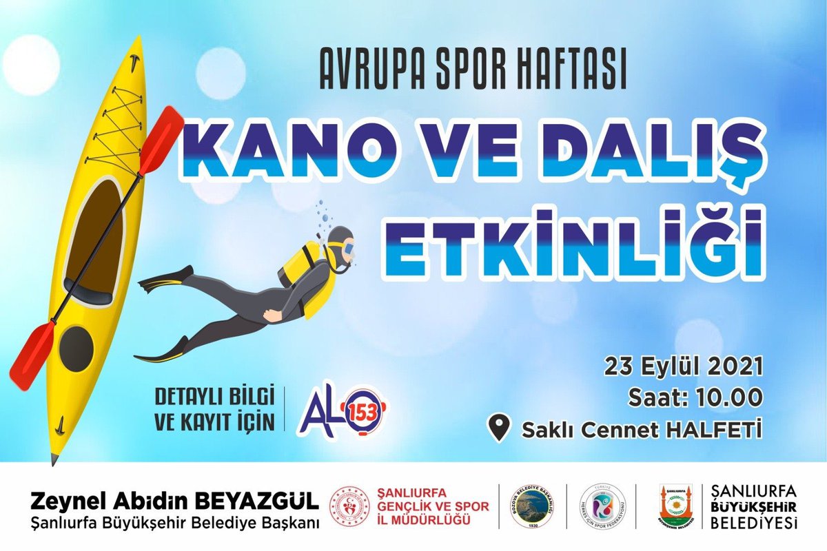 #AvrupaHareketlilikHaftası etkinlikleri kapsamında Saklı Cennet Halfeti'de buluşuyoruz. Kano ve dalış etkinliklerimize davetlisiniz🛶🤿 🗓️23.09.2021 🕙10.00 📍Saklı Cennet Halfeti. @zabeyazgul