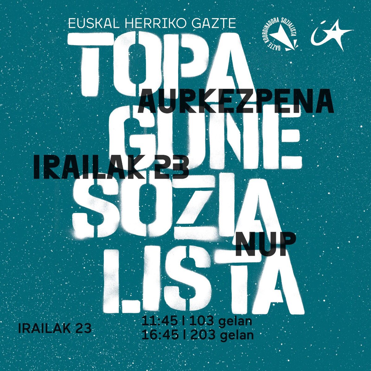 💥 Badator Euskal Herriko Gazte Topagune Sozialista!

🗓 Irailaren 23an, ostegunean, aurkezpena egingo dugu NUPen.

📍 11:45 | 103 gelan
📍 16:45 | 203 gelan 

Animatu zaitez!