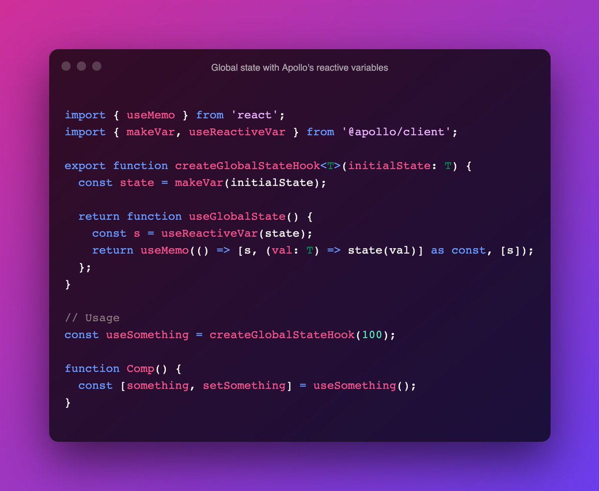 teemu_taskula's tweet image. I have a project where we are using Apollo for data fetching and just I realized that v3 has reactive variables for client state stuff. Is this a valid way to use reactive variables for global state management? (compare this to something like Zustand) #ReactJS #ApolloGraphQL
