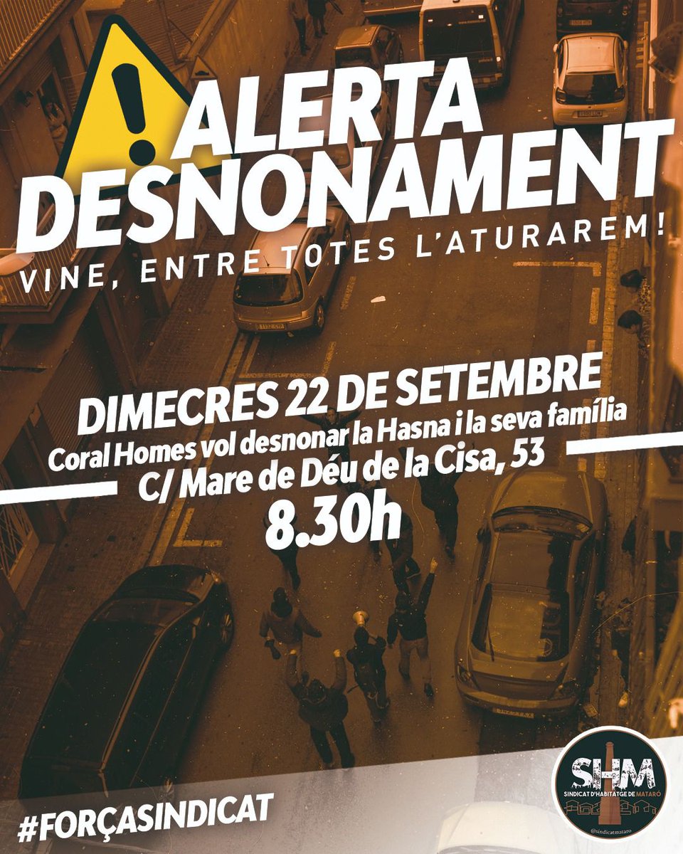 El @sindicatmataro ens alerta d'un desnonament al nostre barri! 💥

'Coral Homes' vol desnonar a la Hasna i els seus 3 fills amb cap alternativa habitacional 🤬

📍C/ Mare de Déu de la Cisa, 53
⏰Dimecres, 8:30

No tolerarem cap desnonament! 🔥