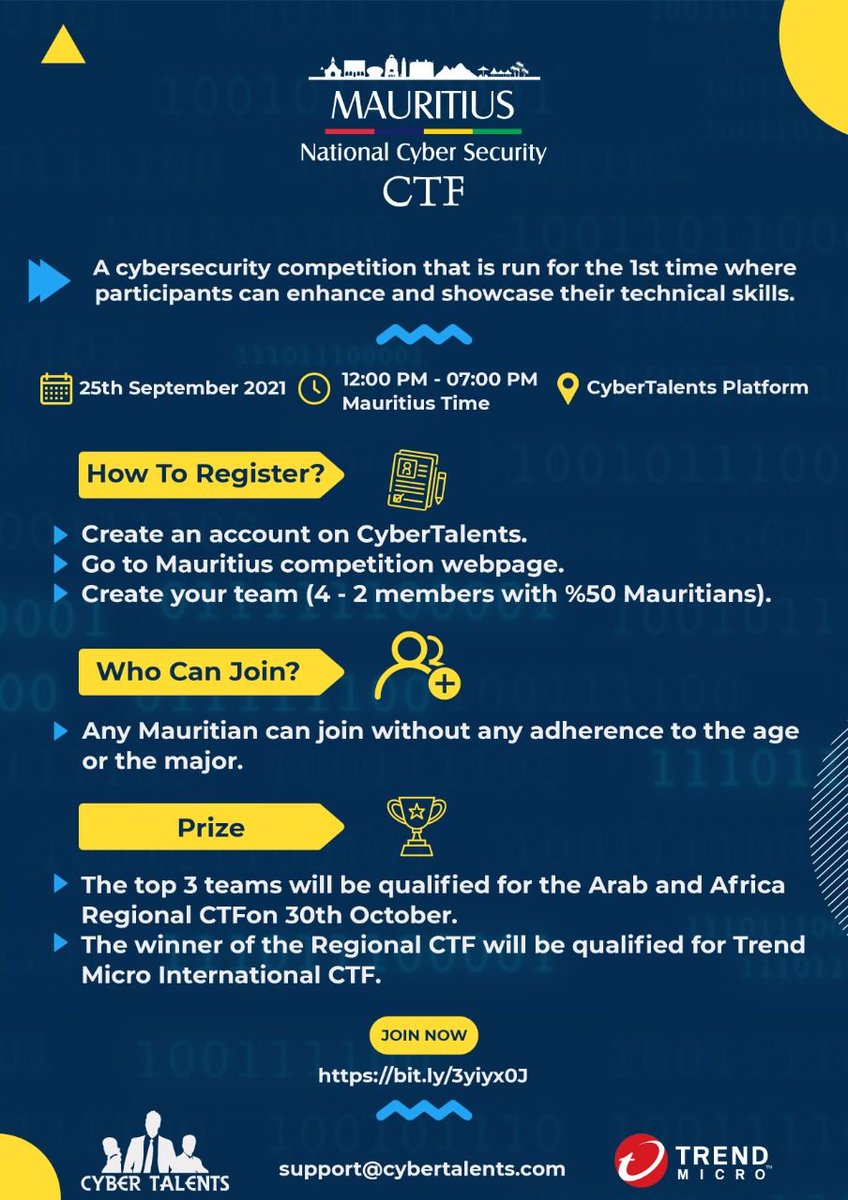 Don't miss out on the opportunity to showcase your talent in the #cybersecurity competition being organised by <a href="/Cyber_Talents/">CyberTalents</a> 👨‍💻👩‍💻Join now and make your island proud! 🇲🇺 

#mauritius #developers #competition