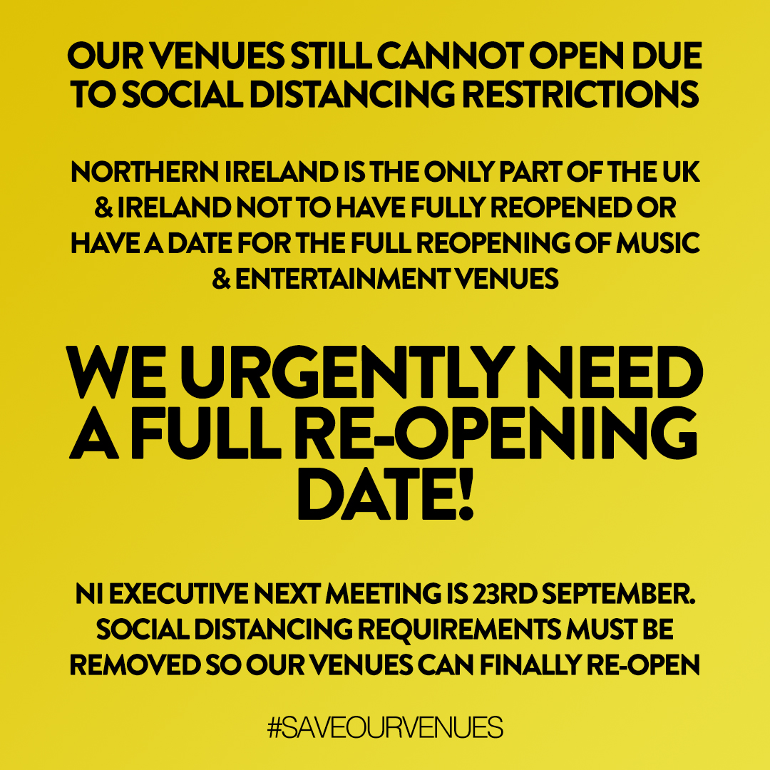 Venues, the staff needed to run them, crew that make gigs happen, artists and DJs that entertain and give us joy, all at serious risk now - we need a full reopening date and plan - @OhYeahCentre @LimelightNI @DeirdreHargey @FreeTheNightNI @niexecutive