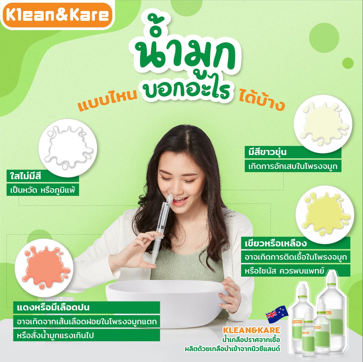 KleanandKareTH's tweet image. เรื่องน้ำมูกไม่ใช่แค่เรื่องอี๋ๆ แต่มีประโยชน์ เพราะสีของน้ำมูกนั้นอาจเป็นสัญญาณบ่งบอกถึงระดับความรุนแรงของโรคได้ จึงต้องคอยสังเกตความผิดปกติอยู่เสมอ และที่สำคัญอย่าลืมล้างจมูกด้วยน้ำเกลือ KLEAN &amp;amp; KARE อย่างน้อยวันละครั้งก่อนนอน