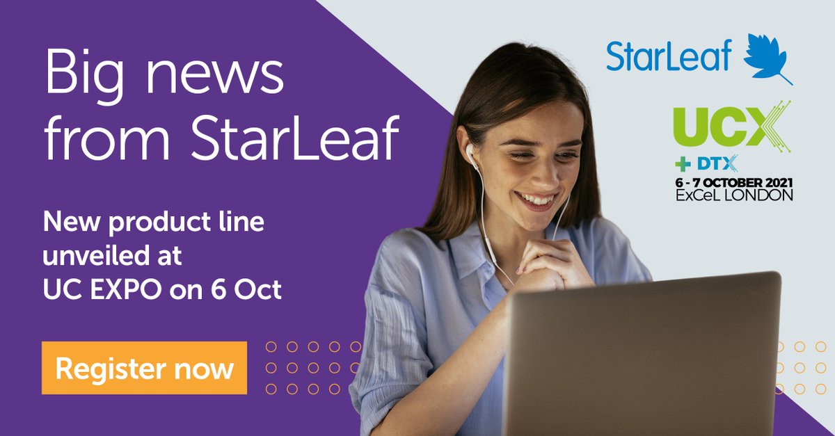 StarLeafCo's tweet image. We’ve got something brand new to share.
 
Be the first to hear the news at #UCEXPO, from StarLeaf CEO Mark Richer, 15.45, 6 Oct.   
 
Register: Starleaf.com/UCEX  
 
#StarLeaf #TheHumanConnection