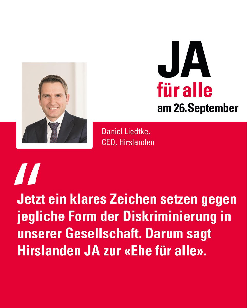JA für alle (@ja_fuer_alle) on Twitter photo Gleichgeschlechtlichen Paaren wird der Zugang zur #Ehe verwehrt. <a href="/Hirslanden/">Hirslanden</a> macht Schluss mit Diskriminierung und unterstützt die #EheFürAlle! Wir danken Daniel Liedtke für die Unterstützung.
#JaFuerAlle #EheFuerAlle
#Abst21 #CHVote Gleichgeschlechtlichen Paaren wird der Zugang zur #Ehe verwehrt. <a href="/Hirslanden/">Hirslanden</a> macht Schluss mit Diskriminierung und unterstützt die #EheFürAlle! Wir danken Daniel Liedtke für die Unterstützung.
#JaFuerAlle #EheFuerAlle
#Abst21 #CHVote