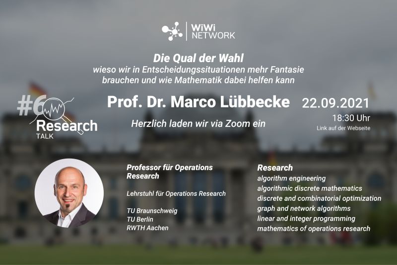 Online-Vortrag von unserem Mitgründer <a href="/mluebbecke/">Marco Lübbecke</a> beim #WiWiNetwork: Mehr Fantasie und mehr Mathematik in Entscheidungssituationen.

📅 Mi, 22.09.2021, 18:30 Uhr
📍 Zoom-Zugang: wiwi-network.rwth-aachen.de/der-ausblick-a… #orms