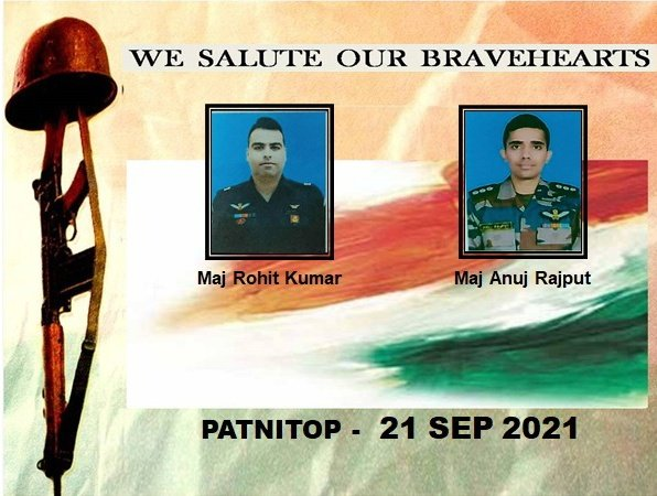 timesofindia's tweet photo. GOC-in-C, Northern Command, Lt Gen YK Joshi and all ranks salute the bravehearts Major Rohit Kumar &amp; Major Anuj Rajput who made the supreme sacrifice in the line of duty on Sept 21 at Patnitop &amp; offer deepest condolences to their families: Northern Command, Indian Army https://t.co/CR0OIr8Q7s