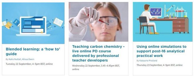Fully funded live &amp; interactive teacher PD from <a href="/RoySocChem/">Royal Society of Chemistry</a> happening today, tomorrow &amp; Thursday this week:

•Blending learning
•Teaching carbon chemistry
•Using online sims for teaching post 16 analytical chem

Book on at edu.rsc.org/events

#ChatChemistry #chemed