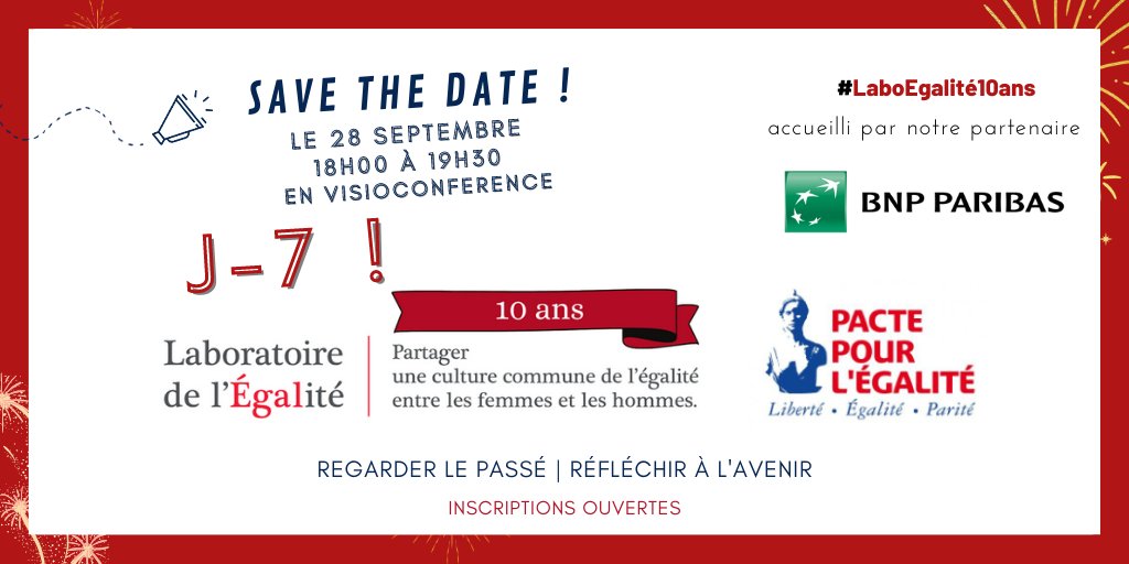 Laboegalite's tweet photo. 📢 J-7 pour assister à notre présentation du Pacte pour l'égalité professionnelle et assister également à l'anniversaire des 10 ans du Laboratoire de l'Egalité🥳

Vous pouvez toujours vous inscrire!

📅 28 septembre
🕓 18h-19h30
👉 Lien d'inscription : https://t.co/KG7zgF9wQx https://t.co/siHu7ZGNPp