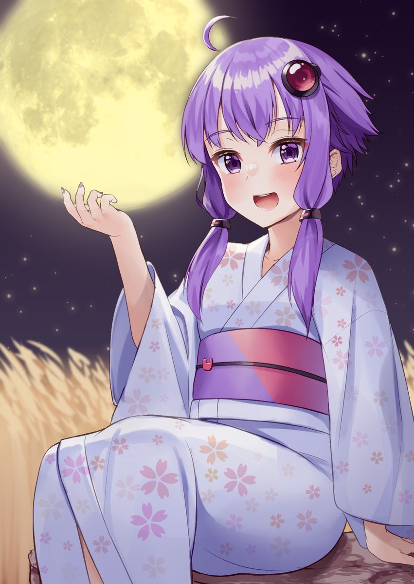 yuzuki yukari 1girl japanese clothes solo moon kimono purple hair purple eyes  illustration images