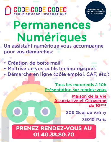 CodeCodeCodec's tweet image. La permanence numérique au sein de la MVAC du 10ème c&apos;est tout les mercredi matins ! 

Vous-même ou l&apos;une de vos connaissance se trouve en situation de détresse numériques pour les procédures en ligne et les bases informatiques ?

Prenez-rendez en appelant le 01 40 38 80 70 !