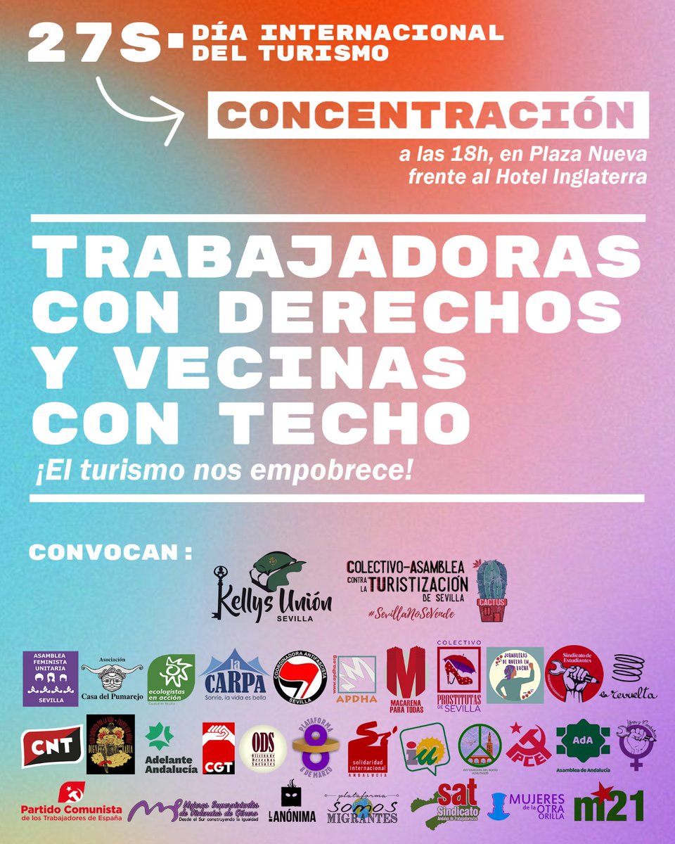 Concentración 27S Día Mundial del Turismo, frente al Hotel Inglaterra, emblema de la patronal sevillana.  Ante el abuso y la explotación, lucha y manifestación. #kellysenlucha