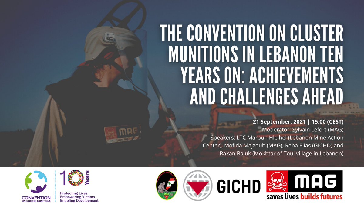 theGICHD's tweet image. Don&apos;t forget to join us today for virtual side event with @LebMineAction, @maglebanon as we look at @ISUCCM in #Lebanon 10 years on. We will explore achievements and discuss challenges ahead.

⏰1500 (CEST)
Register and Join here ➡️bit.ly/2Vro59F
#CCM2RevCon