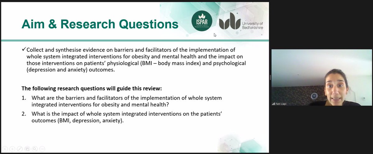 Presenting now at the <a href="/ISPAR_UoB/">ISPAR</a>  #ISPARconf #ISPAR21 is PhD Student Fani Liapi - discussing her most recent review on the barriers and facilitators of whole systems integration of interventions for #obesity and #mentalhealth