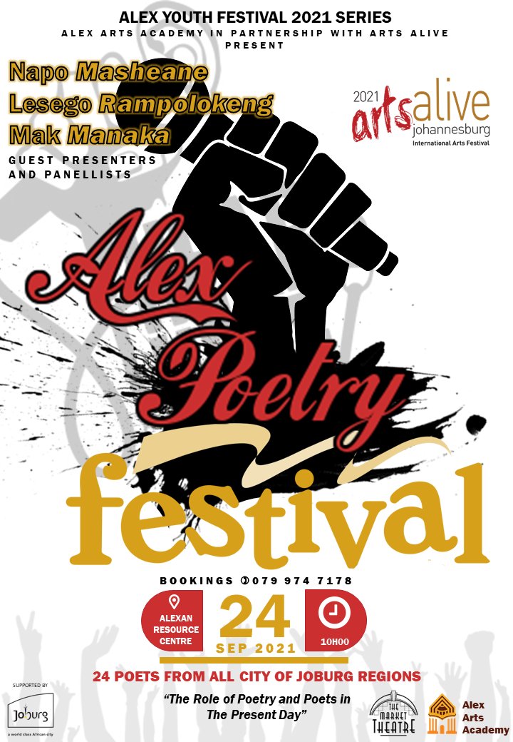 With je Alex Poetry Festival “Poets reflecting on the past and present”, <a href="/AlexArtsAcad/">Alex_Arts_Academy</a> brings together young and old poets from all the regions across Gauteng, in a gathering of minds where issues affecting society will be looked at through poetry. 

#ArtsAlive2021
