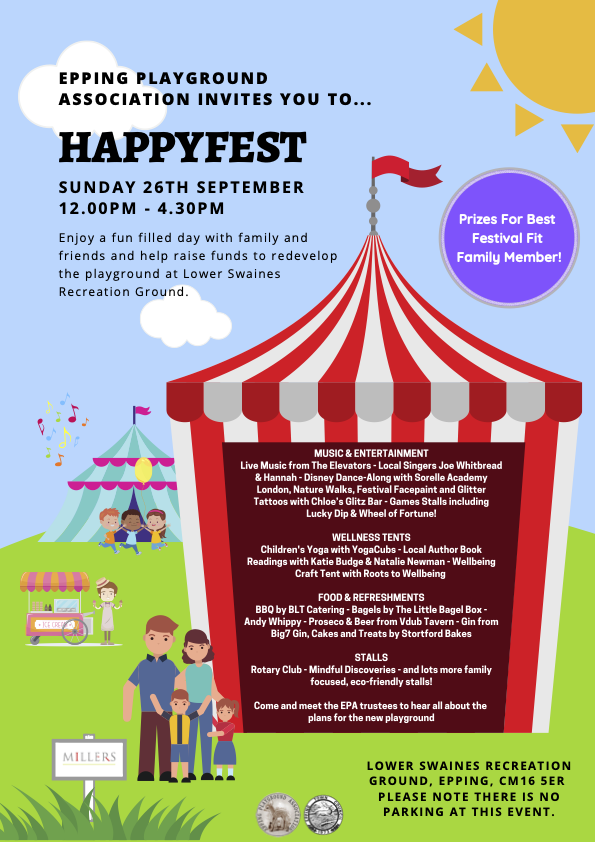 EppingTown's tweet photo. Epping Playground Association Fundraising event for Lower Swaines playground on Sunday 26th September 2021. 12 noon to 4.30pm. https://t.co/CUZLwr3p4w