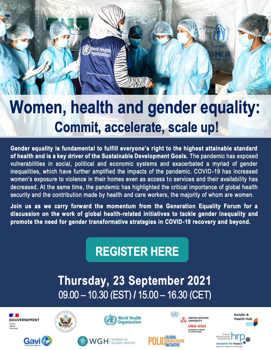 #UNGA SIDE EVENT 🗣️ We partnered with @WHO, @gouvernementFR, #USA, @gavi and @UNU_IIGH to showcase commitments to accelerate and scale up actions for gender equality and human rights-based approaches to health 🗓️23 sept 2021 3:00PM CET Don´t miss out➡️bit.ly/39lz5ZI