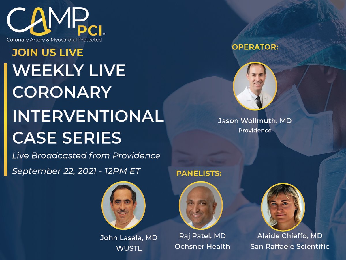 CAMP LIVE Case from <a href="/ProvHealth/">Providence Oregon</a>
 Join TOMORROW
Wednesday, September 22nd, at 12:00 PM ET 
 
Log in to CAMP: camppci.org/events/123
 
Live case Operators: @jason_wollmuth
CAMP Faculty Panelists:
John Lasala, MD, <a href="/RajanPatelMD/">Raj Patel</a> <a href="/alaide_chief/">chief</a>