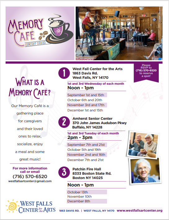 Have you heard of a Memory Cafe? We have three in Erie County and they are a great place for seniors and caregivers to get out and enjoy themselves. Call (716) 570-6520 or email westfallsartcenter@gmail.com for more information!