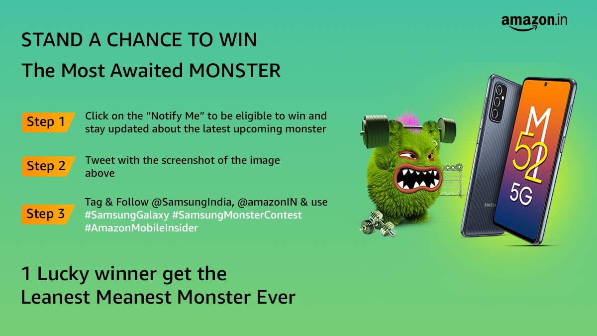 Amazon India (@amazonin) on Twitter photo #MonsterIsBack
All new Samsung Galaxy M52 5G launch is on 28th Sept 12 PM <a href="/amazonIN/">Amazon India</a>! Stand a chance to win the Leanest Meanest Monster in three simple steps. <a href="/SamsungIndia/">Samsung India</a>
Visit: amazon.in/b?node=2701619… #MonsterIsBack
All new Samsung Galaxy M52 5G launch is on 28th Sept 12 PM <a href="/amazonIN/">Amazon India</a>! Stand a chance to win the Leanest Meanest Monster in three simple steps. <a href="/SamsungIndia/">Samsung India</a>
Visit: amazon.in/b?node=2701619…