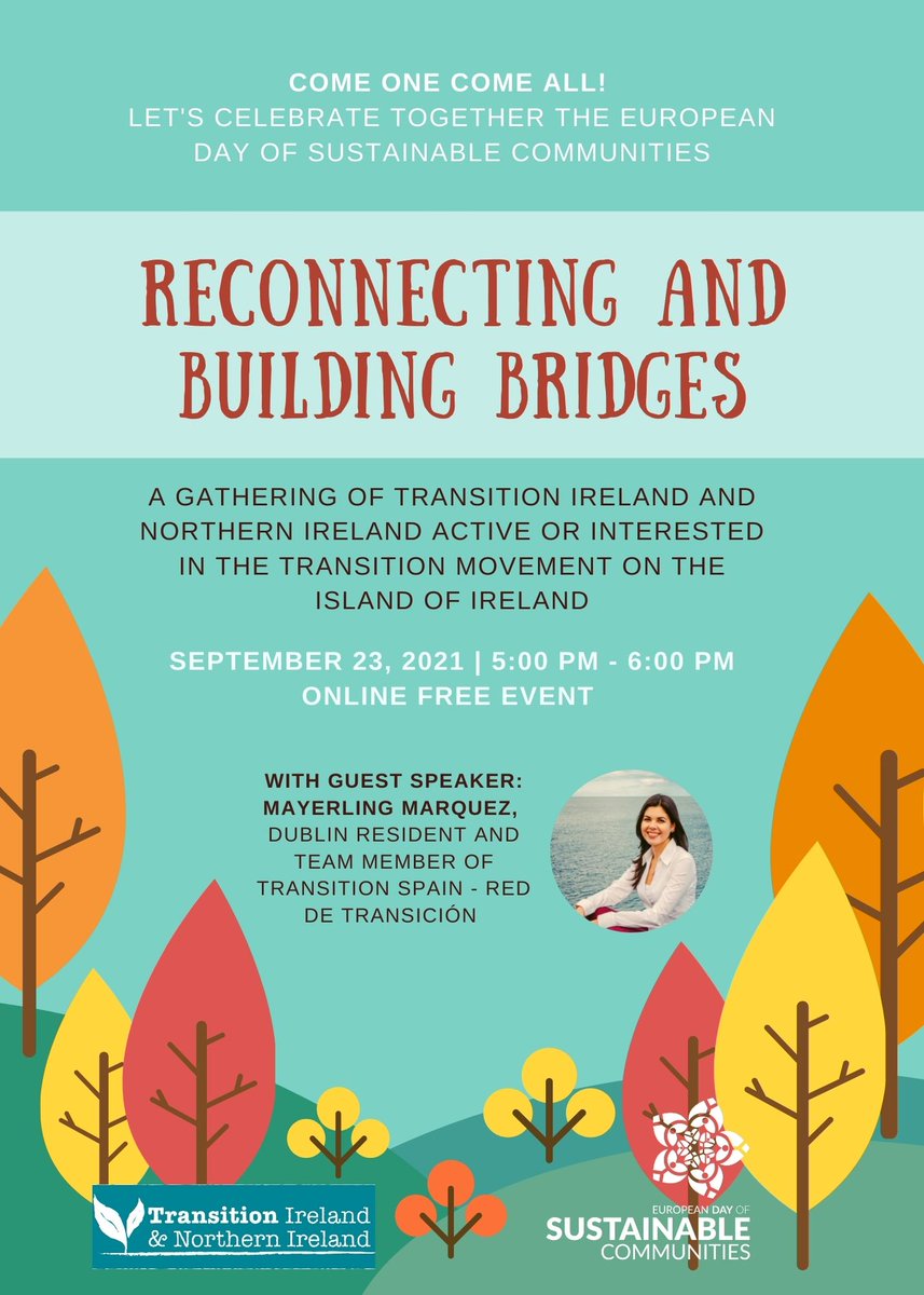 Delighted to take part of this event celebrating the European Day for Sustainable Communities. Join us on Thursday, 23rd at 5pm 👉 bit.ly/3zxDGlX 
#EDSC21 #Ireland #communitiesforfuture #Transition  #online #networking #synergy
