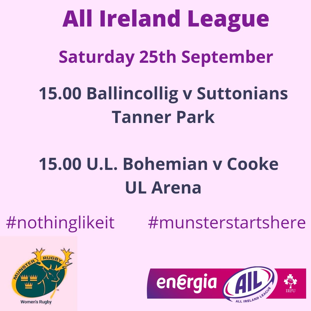 We are really looking forward to the start of the #AIL this weekend after a very long break! Thrilled for @BallincolligRFC to be hosting their first AIL game and wishing them and @ULBohemians the very best of luck for the season. #nothinglikeit