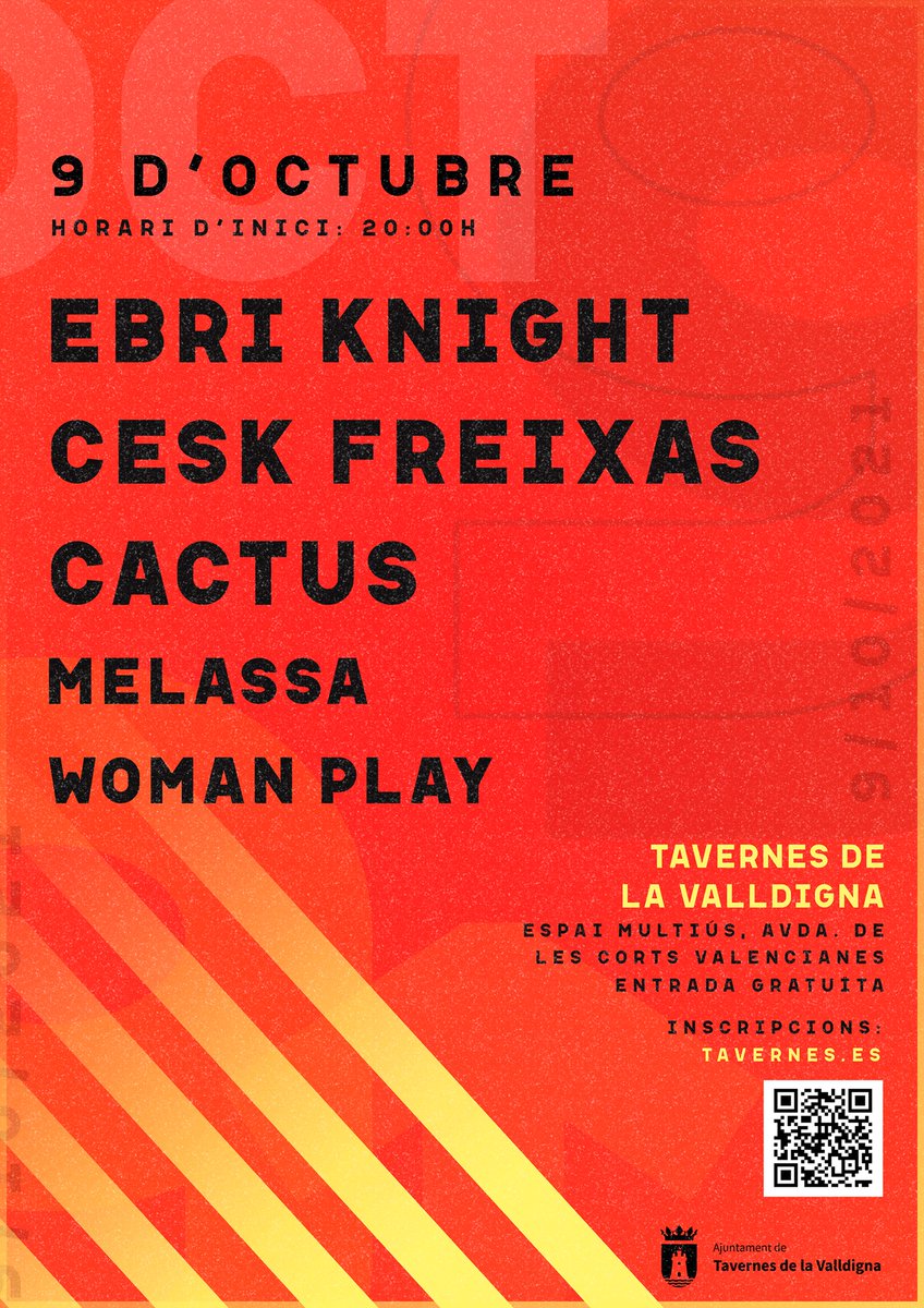 alfandech's tweet photo. RECOMANEM👉#Valldigna #Tavernes @AjunTavernesV CONCERT #9Octubre‼️@EbriKnight, @ceskfreixas, @cactustroop, el grup valler #Melassa i #WomanPlay
🎟️ Entrada gratuïta
🕗 20 hores
📍 Espai multiusos
👥 Aforament màxim: 400 persones
💻 Inscripcions ací: https://t.co/qHX7uXKTKe https://t.co/ccl2MR7nfI