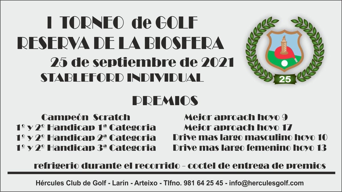 HerculesGolf's tweet photo. En el 25 aniversario del @HerculesGolf y con el fin de potenciar practicas medioambientales de interés, celebramos el sábado 25 el primer torneo de golf en apoyo a las RESERVAS DE BIOSFERA, en especial en la que nuestro campo se encuentra, MARIÑAS CORUÑESAS E TERRAS DO MANDEO. https://t.co/KsT2XpvInR