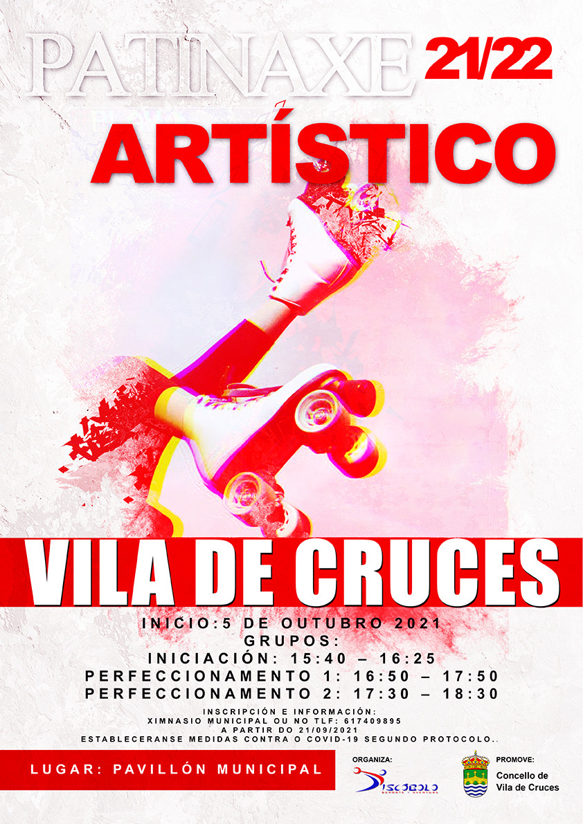 ⛸️Patinaxe Artístico 21/22 en Vila de Cruces. 

📅Inicio 5 de outubro.
📊3 grupos: Iniciación, Perfeccionamento 1 e Perfeccionamento 2.

✍️Inscripcións e ℹ️información no ximnasio municipal ou no teléfono 617 409 895.