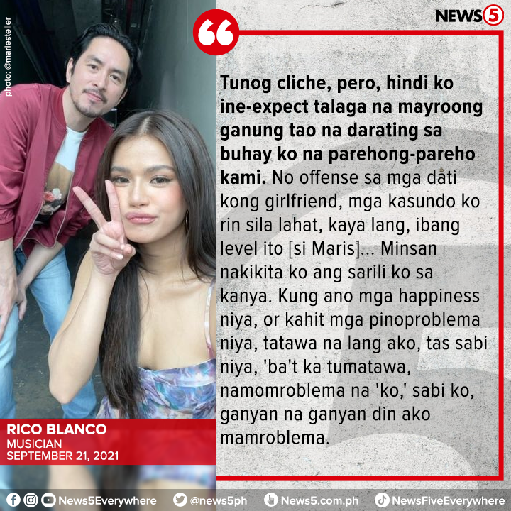 News5PH's tweet photo. "Nakikita ko ang sarili ko sa kanya"

Ibinahagi ni Rico Blanco sa programang #CristyFerminute ng One PH na masaya sila ni Maris Racal sa kanilang relasyon dahil magkatugma ang kanilang wavelength. https://t.co/0QglG0fFC7