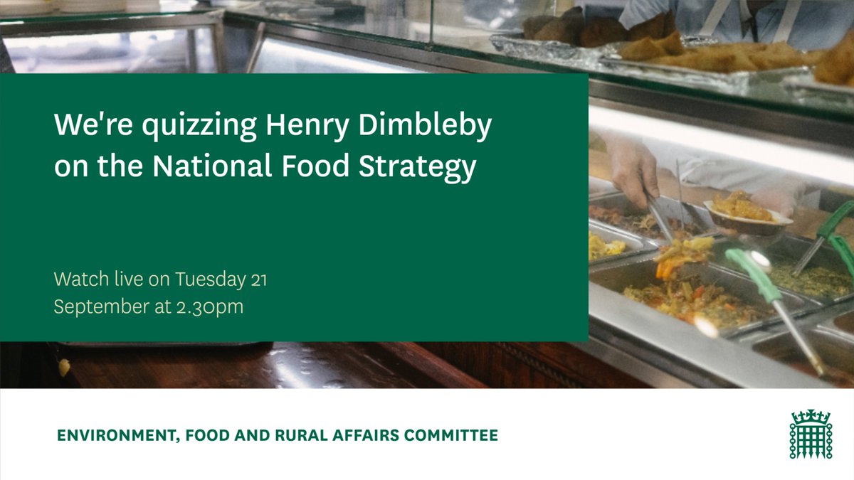 CommonsEFRA's tweet photo. There's 1️⃣ hour until our hearing with @HenryDimbleby on @food_strategy
 
We'll look at the recommendations for 
▪free school meals eligibility
▪guarantees for farming payments to 2029
▪reforming how schools &amp; hospitals buy food

Tune in from 2.30pm
📺https://t.co/DBIFFUHBCy https://t.co/HsDuS7S2pZ