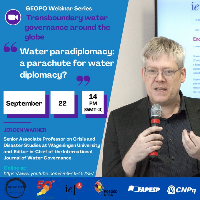 NLinnovBRA's tweet photo. Tomorrow in @Geopo7 webinar series on water governance: Jeroen Warner of @WUR on "Water Paradiplomacy". @cienciausp @HulsmanRia @SDC_WUR @AgenciaFAPESP @NLinBrasil @nwpnederland @TsWaterMaritiem @IAnetwerk @ieausp @jvrodrigues70 https://t.co/mZYQKIsYYm