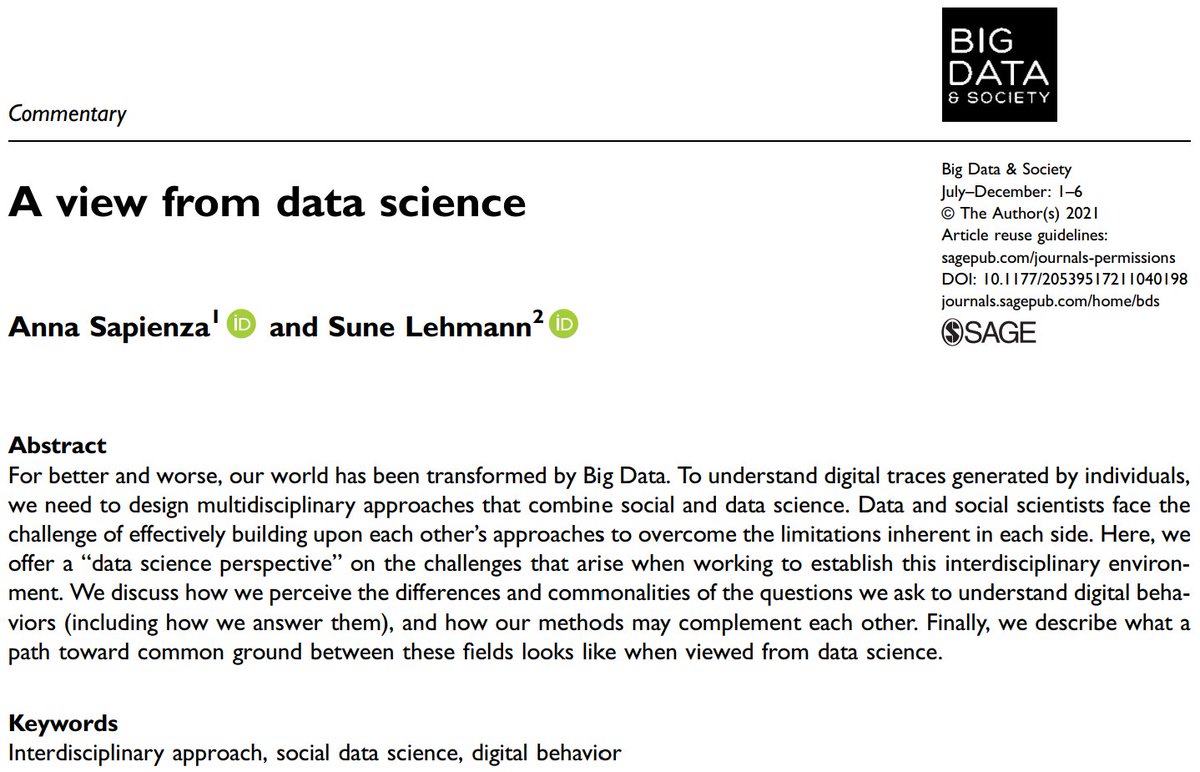 BigDataSoc's tweet image. New commentary from the #MachineAnthropology special theme 🎉 &apos;A view from data science&apos; by Anna Sapienza and Sune Lehmann. Read more here buff.ly/2XAkgjO #interdisciplinaryapproach #socialdatascience #digitalbehavior