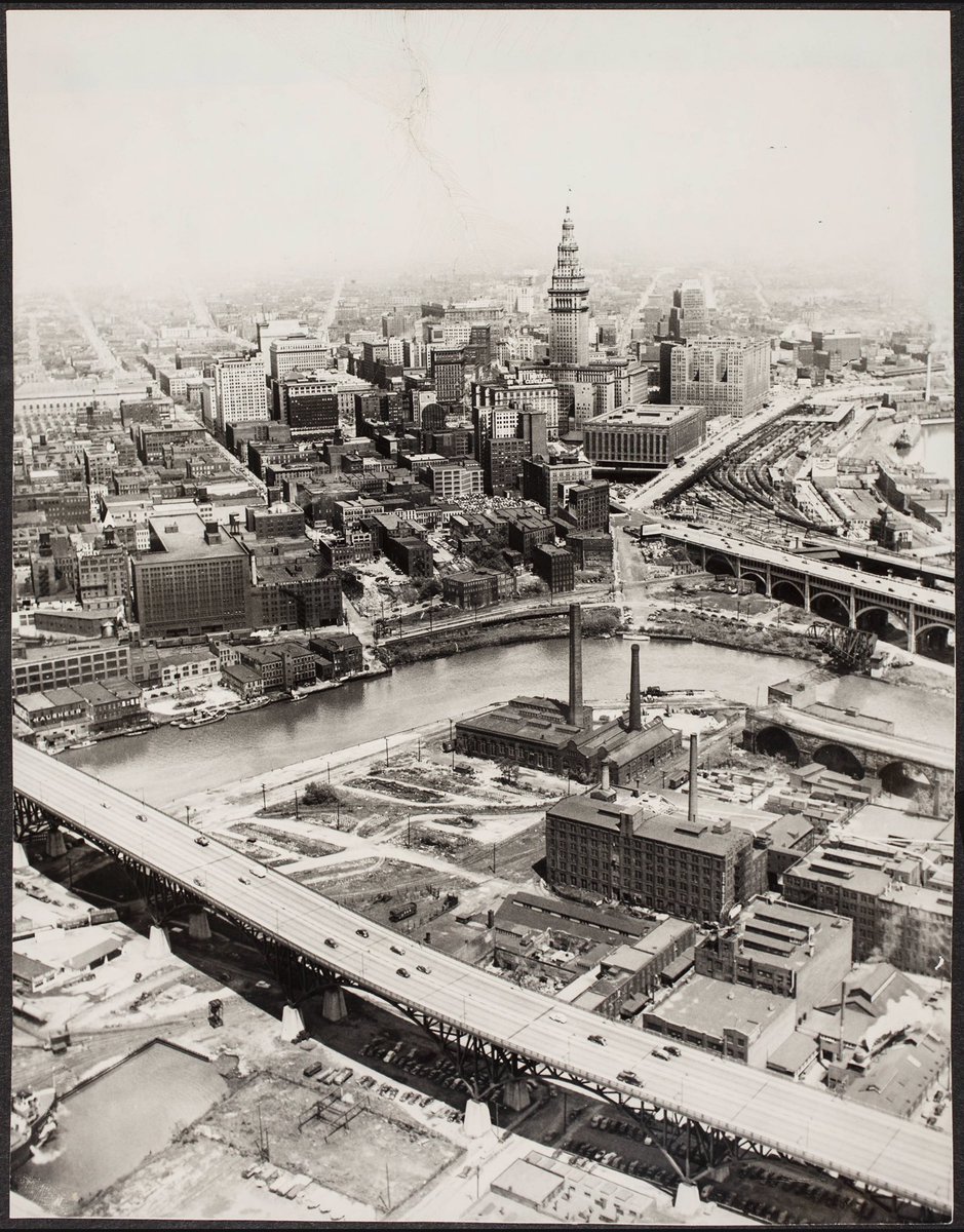 Overlooking #Cuyahoga River's industrial development and downtown #Cleveland. #Detroit #Superior bridge at upper right (1946).