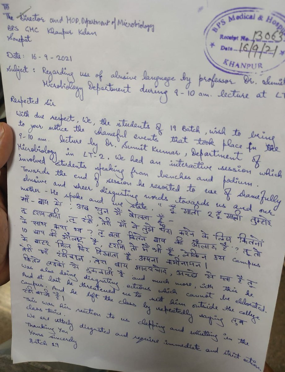 the_dark_horse🖤 (@her_monica_) on Twitter photo The incident of BPS Haryana, 16th September 2021 where a Microbiology professor Dr. Sumit verbally assaulted batch full of 120+ girls. Not only this he abused the parents also.
#terminate_sumitkumar #bpsgmc_harassment
<a href="/narendramodi/">Narendra Modi</a>
<a href="/PMOIndia/">PMO India</a>
<a href="/cmohry/">CMO Haryana</a>
@mlkkhattar
<a href="/anilvijminister/">Anil Vij Minister Haryana, India</a> The incident of BPS Haryana, 16th September 2021 where a Microbiology professor Dr. Sumit verbally assaulted batch full of 120+ girls. Not only this he abused the parents also.
#terminate_sumitkumar #bpsgmc_harassment
<a href="/narendramodi/">Narendra Modi</a>
<a href="/PMOIndia/">PMO India</a>
<a href="/cmohry/">CMO Haryana</a>
@mlkkhattar
<a href="/anilvijminister/">Anil Vij Minister Haryana, India</a>
