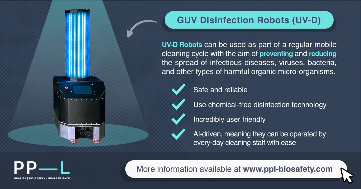 Our GUV Disinfection Robots use chemical-free disinfection technology to clean surfaces and are an excellent addition to regular cleaning routines. 

Learn more here: ppl-biosafety.com/guv-disinfecti…

#guv #airdisinfection #guvrobots #uvdrobots #covid19 #pandemicresilience #covidsecure