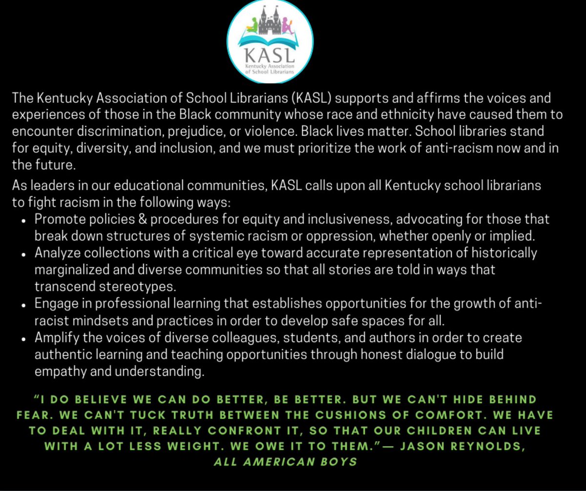MisterLibrary's tweet image. I am proud to have been a contributor to the following @JCASLKY and @KASL_Librarians statements. However, without action, these statements are only words. Together, we can follow through and be agents of change, instead of agents of hollow promises. 

#librariesrespond