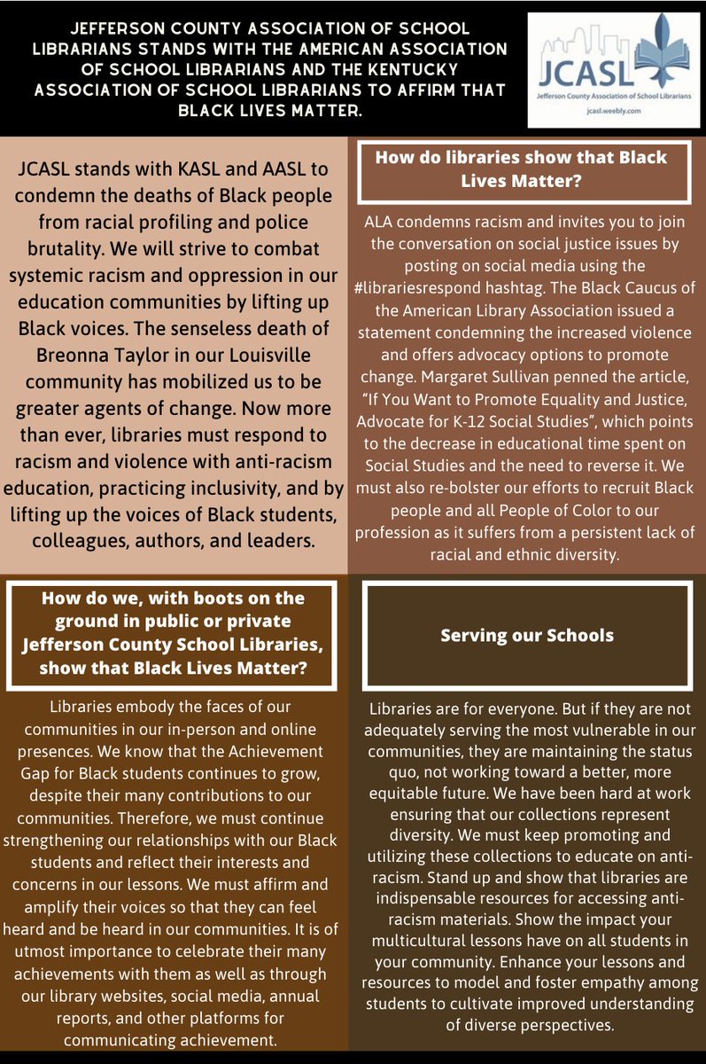 MisterLibrary's tweet image. I am proud to have been a contributor to the following @JCASLKY and @KASL_Librarians statements. However, without action, these statements are only words. Together, we can follow through and be agents of change, instead of agents of hollow promises. 

#librariesrespond