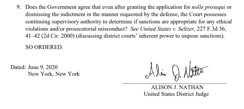 Also interesting, before ruling to dismiss the case, the judge wants DOJ to confirm in writing that the case is not closed & she retains jurisdiction over the case to investigate & sanction prosecutorial misconduct.Unlike when Sullivan let AG Holder deal with misconduct...