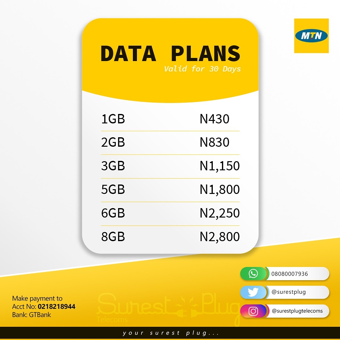 SurestPlug's tweet image. MTN 30/60/90/180/365 DAYS DATA PLANS.

⭐Cheap Internet Data.
⭐Airtime.
⭐Cable TV SUBSCRIPTIONS. (DSTV, GOTV, STARTIMES) 
⭐Electricity Bills Payment.
⭐ Airtime To Cash.
⭐ Airtime Swap.