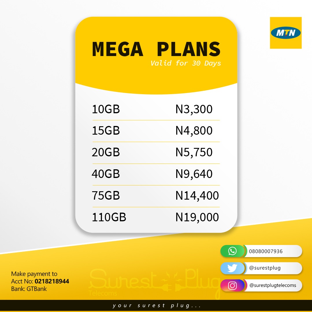 SurestPlug's tweet image. MTN 30/60/90/180/365 DAYS DATA PLANS.

⭐Cheap Internet Data.
⭐Airtime.
⭐Cable TV SUBSCRIPTIONS. (DSTV, GOTV, STARTIMES) 
⭐Electricity Bills Payment.
⭐ Airtime To Cash.
⭐ Airtime Swap.