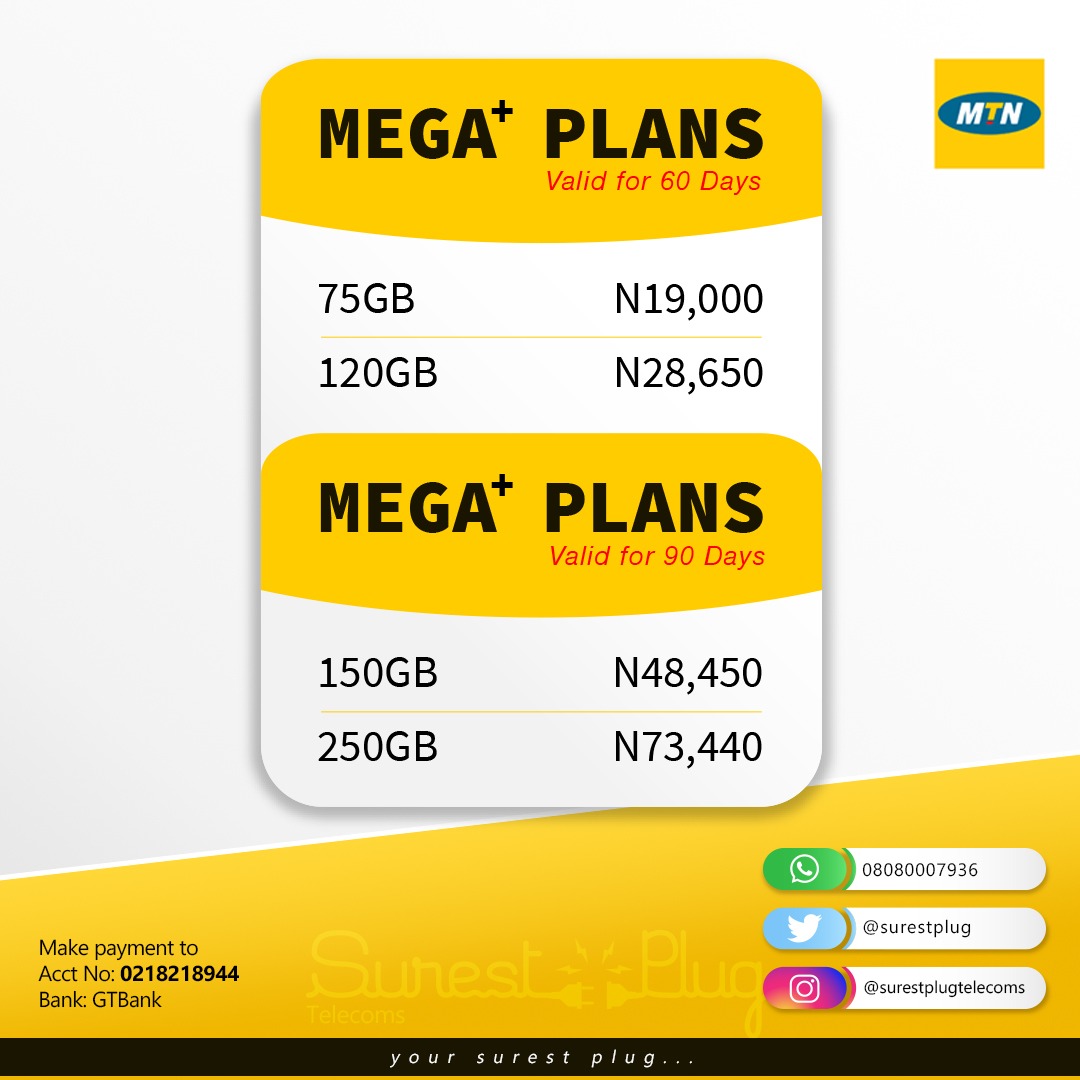 SurestPlug's tweet image. MTN 30/60/90/180/365 DAYS DATA PLANS.

⭐Cheap Internet Data.
⭐Airtime.
⭐Cable TV SUBSCRIPTIONS. (DSTV, GOTV, STARTIMES) 
⭐Electricity Bills Payment.
⭐ Airtime To Cash.
⭐ Airtime Swap.