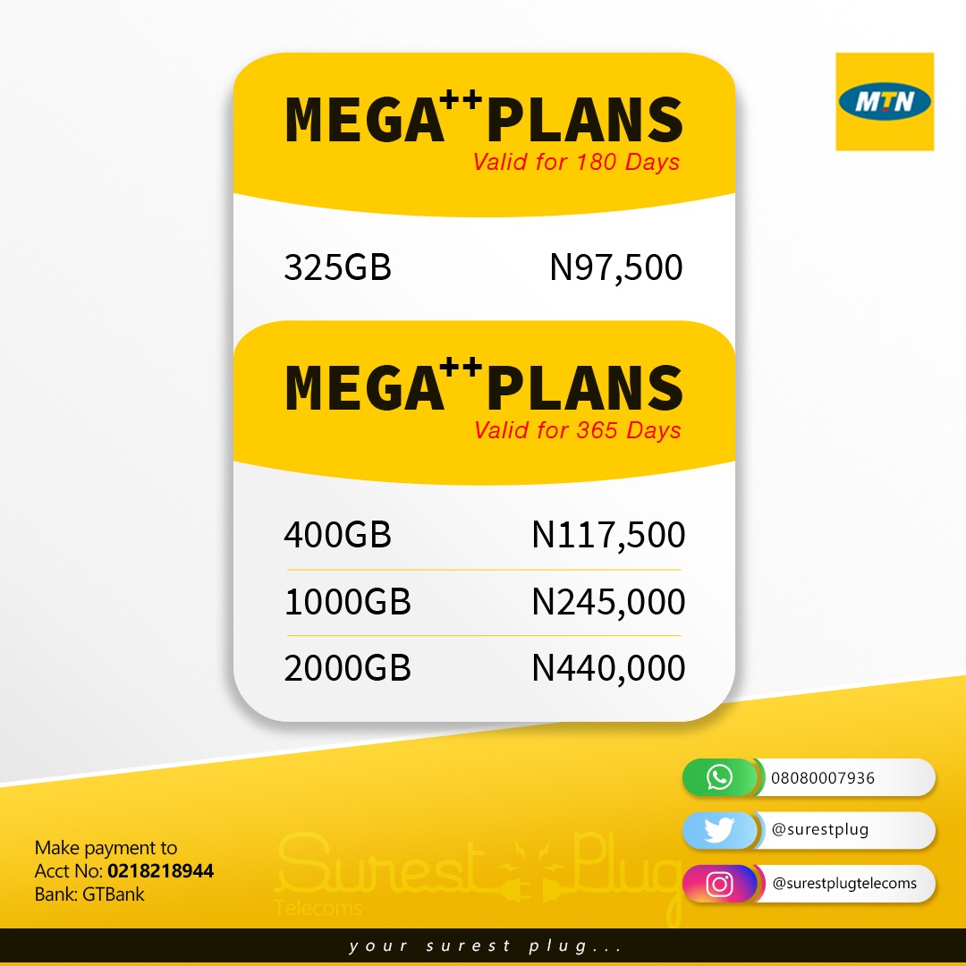 SurestPlug's tweet image. MTN 30/60/90/180/365 DAYS DATA PLANS.

⭐Cheap Internet Data.
⭐Airtime.
⭐Cable TV SUBSCRIPTIONS. (DSTV, GOTV, STARTIMES) 
⭐Electricity Bills Payment.
⭐ Airtime To Cash.
⭐ Airtime Swap.
