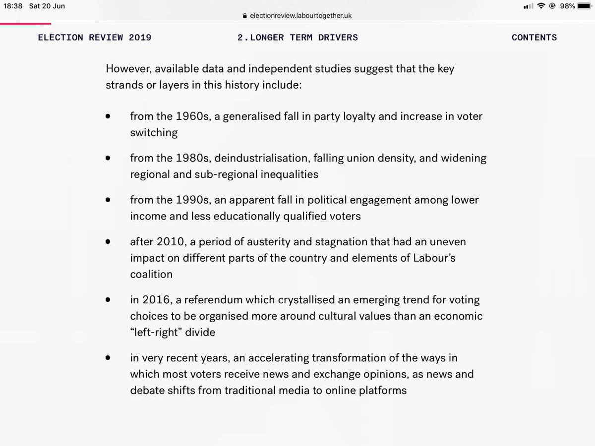 10. The report cites long term causes for the erosion of Labour’s decline. Strikingly, it fails to explain why previous leaders have been unable to tackle these or how Tories have capitalised on issues which cut both ways e.g. falling political engagement.